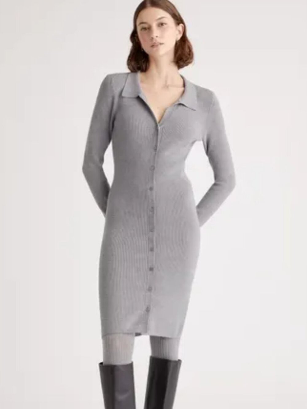 Quince Eco Knit Button Up Sweater Dress Grey Ribbed Collared Knit Midi Dress